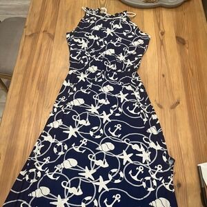 MacBeth Collection Navy White Nautical Anchor Starfish Shell Halter Maxi Dress‎